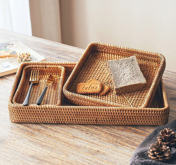 Rectangular Storage Baskets, Woven Rattan Storage Basket, Kitchen Storage Baskets, Storage Baskets for Shelves, Set of 3-Grace Painting Crafts