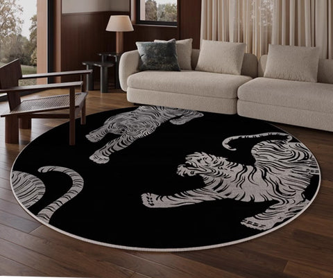 Modern Rugs for Dining Room, Tiger Black Modern Rugs for Bathroom, Abstract Contemporary Round Rugs, Circular Modern Rugs under Coffee Table-Grace Painting Crafts