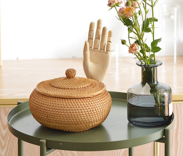 Rattan Storage Basket for Kitchen, Storage Basket for Picnic, Small Storage Baskets, Round Storage Basket with Lid, Woven Storage Baskets-Grace Painting Crafts