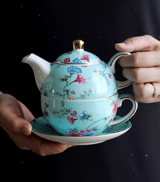 Stackable Teapot and Cup Set, Ceramic Tea Pot with Integrated Cup, Porcelain Teapot with Matching Cup and Saucer in Gift Box, Mother and Baby Teapot with Matching Saucer-Grace Painting Crafts