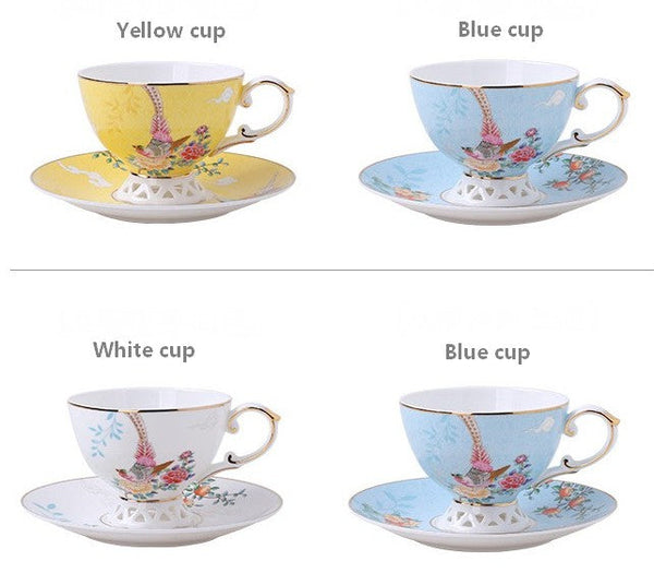 Elegant Oriental Pheasant Ceramic Cups, Beautiful Bird Pattern Tea Cups, 8 oz Porcelain Tea Cup Saucer Set of 2 Cups, Unique Tea Cup and Saucer in Gift Box-Grace Painting Crafts