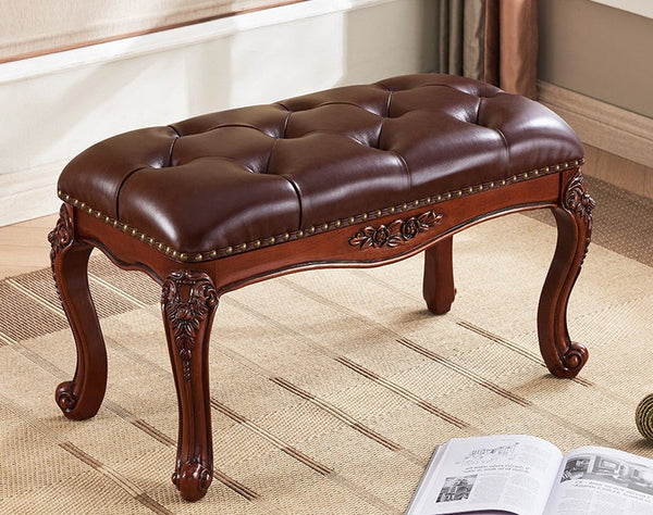 Dark Brown Leather Stool, Genuine Leather Solid Wood Entry Bench, Vintage Dressing Table Stool, Rubber Wood Footstool, Farmhouse Entryway Bench, Leather Lounge Chair Modern-Grace Painting Crafts