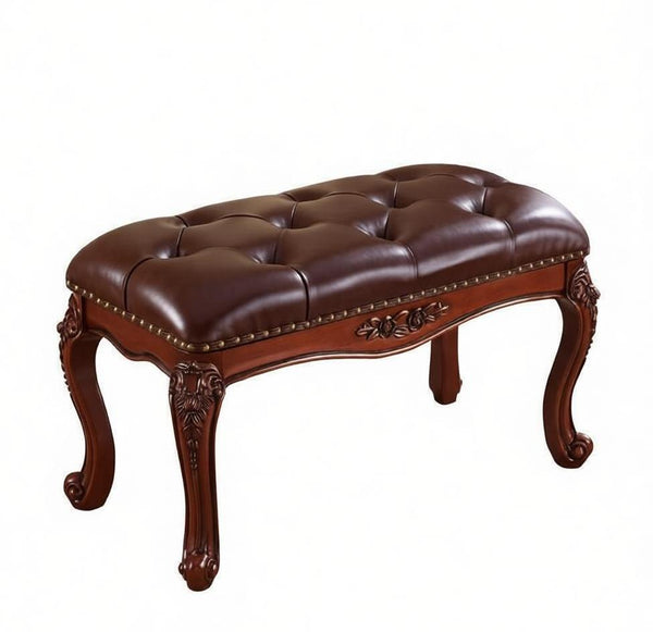 Vintage Dressing Table Stool, Rubber Wood Footstool, Brown Leather Stool, Genuine Leather Solid Wood Entry Bench, Farmhouse Entryway Bench, Leather Lounge Chair-Grace Painting Crafts