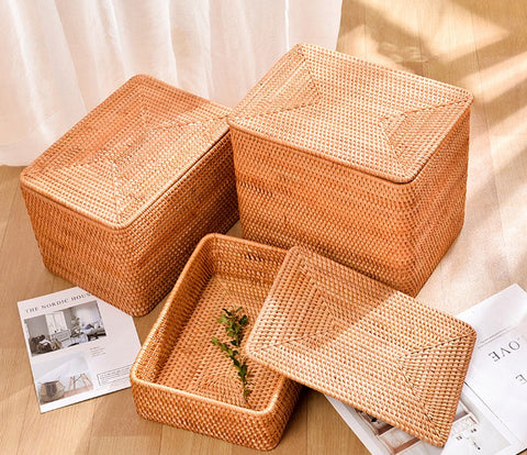 Woven Rattan Baskets, Rectangular Basket with Lid, Rectangular Storage Baskets, Storage Basket for Bedroom, Kitchen Storage Baskets-Grace Painting Crafts