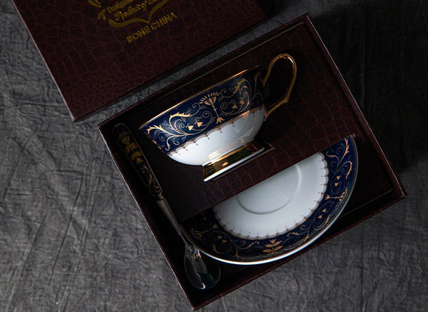 Unique Blue Tea Cup and Saucer in Gift Box, Blue Bone China Porcelain Tea Cup Set, Royal Ceramic Cups, Elegant Ceramic Coffee Cups-Grace Painting Crafts
