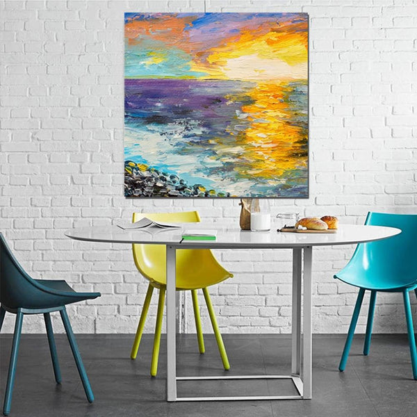 Seascape Sunrise Painting, Abstract Landscape Painting, Landscape Paintings for Living Room, Heavy Texture Wall Art Painting, Bedroom Wall Art Ideas-Grace Painting Crafts