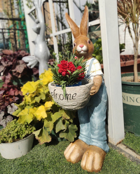 Large Rabbit Lovers Statue for Garden, Bunny Flowerpot, Garden Courtyard Ornament, Villa Outdoor Decor Gardening Ideas-Grace Painting Crafts