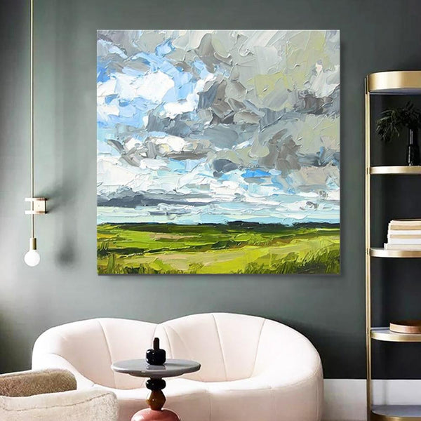 Abstract Landscape Painting, Grass Land under Sky Painting, Large Acrylic Paintings for Bedroom, Heavy Texture Canvas Art, Landscape Paintings for Living Room-Grace Painting Crafts