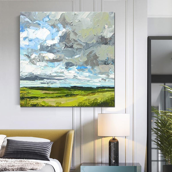 Abstract Landscape Painting, Grass Land under Sky Painting, Large Acrylic Paintings for Bedroom, Heavy Texture Canvas Art, Landscape Paintings for Living Room-Grace Painting Crafts