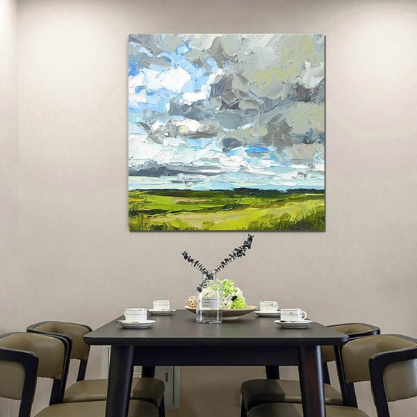 Abstract Landscape Painting, Grass Land under Sky Painting, Large Acrylic Paintings for Bedroom, Heavy Texture Canvas Art, Landscape Paintings for Living Room-Grace Painting Crafts
