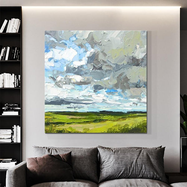 Abstract Landscape Painting, Grass Land under Sky Painting, Large Acrylic Paintings for Bedroom, Heavy Texture Canvas Art, Landscape Paintings for Living Room-Grace Painting Crafts