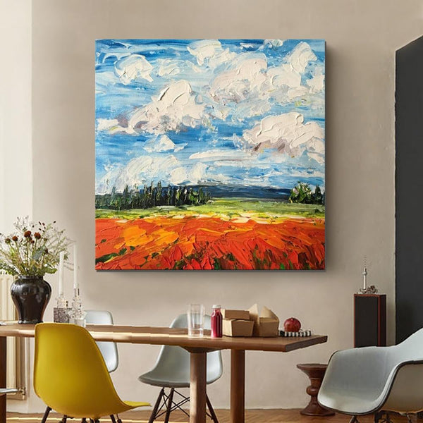 Red Poppy Field and Sky, Abstract Landscape Painting, Landscape Paintings for Living Room, Large Landscape Painting for Dining Room, Heavy Texture Painting-Grace Painting Crafts