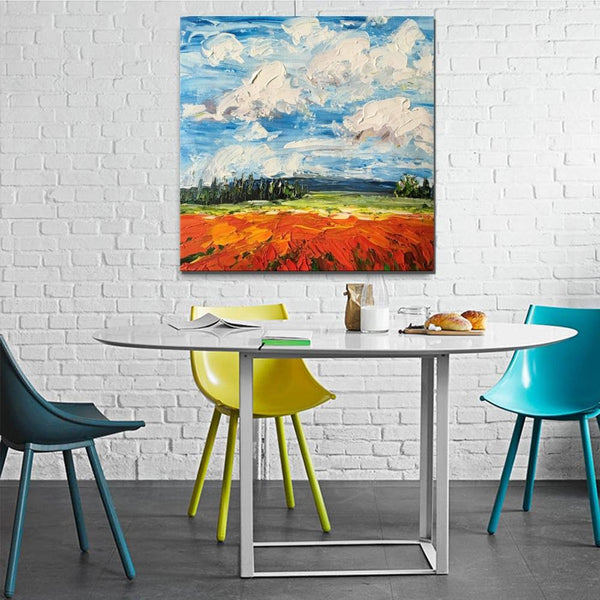 Red Poppy Field and Sky, Abstract Landscape Painting, Landscape Paintings for Living Room, Large Landscape Painting for Dining Room, Heavy Texture Painting-Grace Painting Crafts