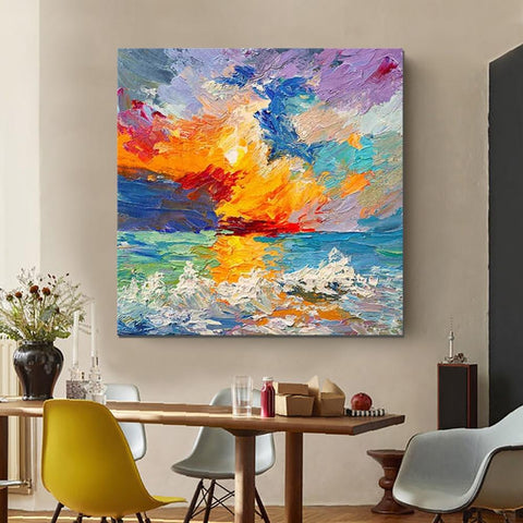 Abstract Landscape Painting, Seascape Sunrise Painting, Large Landscape Painting for Sale, Heavy Texture Art Painting, Landscape Paintings for Living Room-Grace Painting Crafts