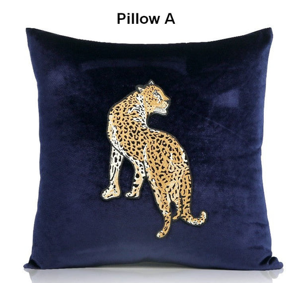 Modern Sofa Pillows, Contemporary Throw Pillows, Cheetah Decorative Throw Pillows, Blue Decorative Pillows for Living Room-Grace Painting Crafts