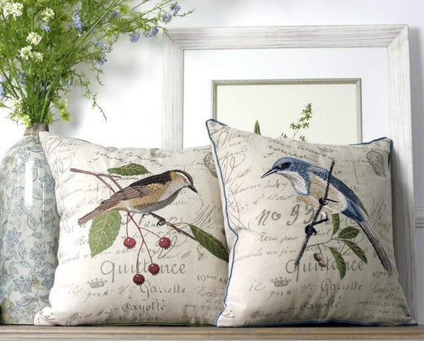 Decorative Throw Pillows for Couch, Bird Embroidery Pillows, Cotton and Linen Pillow Cover, Rustic Sofa Throw Pillows-Grace Painting Crafts