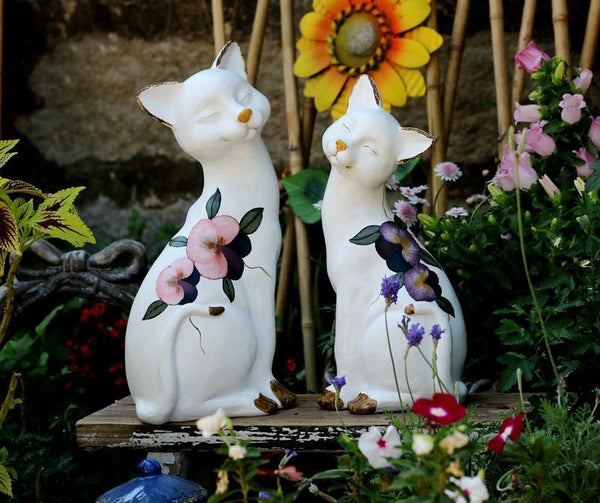 Lovely Cat Statues, Sitting Cats Resin Statue for Garden Ornament, Villa Outdoor Decor Gardening Ideas, Garden Courtyard Decoration, House Warming Gift-Grace Painting Crafts