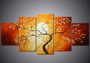Flower Tree under Moon Painting, 5 Piece Canvas Art, Abstract Painting, Bedroom Canvas Painting-Grace Painting Crafts