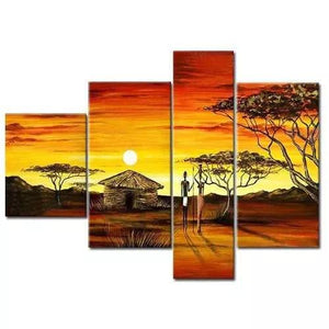 African Pinting, 4 Piece Canvas Art, Acrylic Painting for Sale, Large Landscape Painting, African Woman Village Sunset Painting-Grace Painting Crafts