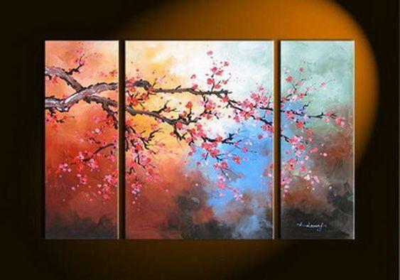 Plum Tree Flower Painting, Bedroom Wall Art Paintings, Living Room Wall Art Ideas, 3 Piece Canvas Art, Flower Acrylic Paintings-Grace Painting Crafts