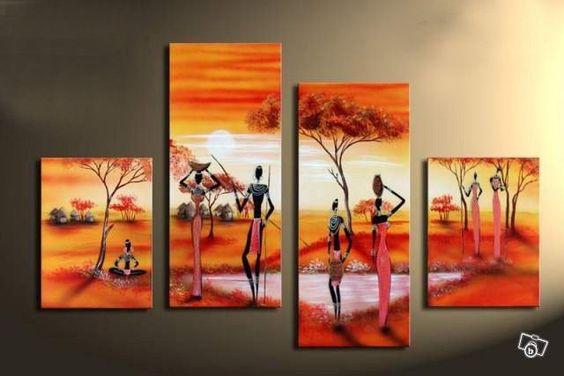 African Woman Painting, 4 Piece Canvas Art, Landscape Canvas Paintings, Hand Painted Canvas Art, Oil Painting for Sale-Grace Painting Crafts