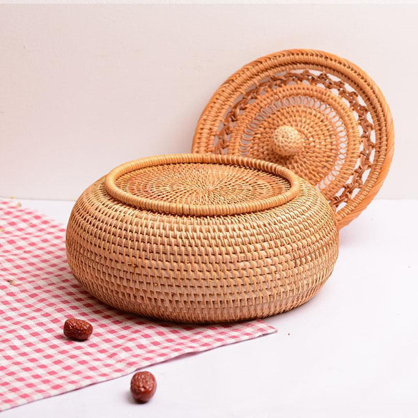 Woven Storage Basket with Lid, Lovely Rattan Round Storage Basket, Round Storage Basket for Kitchen-Grace Painting Crafts