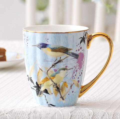 Large Creative Bone China Porcelain Mug, Elegant Blue Ceramic Coffee Mug, Beautiful Bird Flower Ceramic Mug, Large Capacity Ceramic Mugs for Office-Grace Painting Crafts