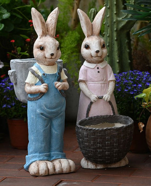 Large Rabbit Lovers Statue for Garden, Bunny Flowerpot, Garden Courtyard Ornament, Villa Outdoor Decor Gardening Ideas, Modern Garden Sculptures-Grace Painting Crafts