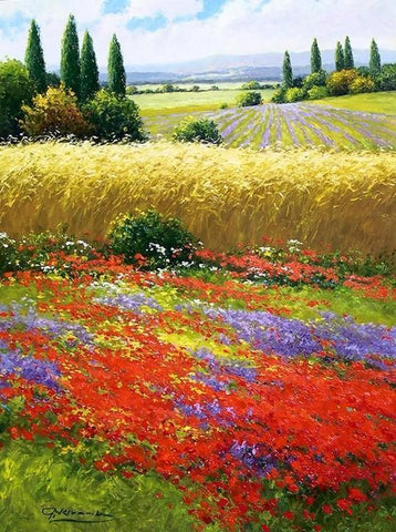 Canvas Painting, Landscape Painting, Flower Field, Wall Art, Large Painting, Living Room Wall Art, Cypress Tree, Oil Painting, Canvas Art, Poppy Field-Grace Painting Crafts