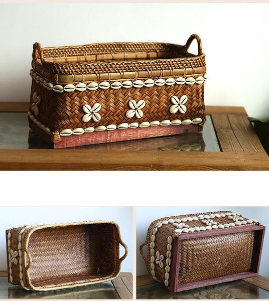 Indonesia Hand Woven Storage Basket, Natural Bamboo and Sea Shell Baskets-Grace Painting Crafts