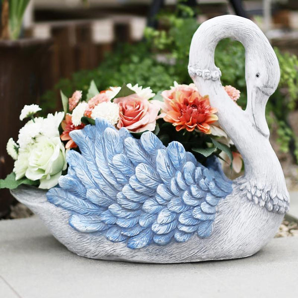 Outdoor Decoration Ideas, Garden Ideas, Blue Wing Swan Flower Pot, Animal Statue for Garden Ornament, Swan Lovers Statues, Villa Courtyard Decor-Grace Painting Crafts
