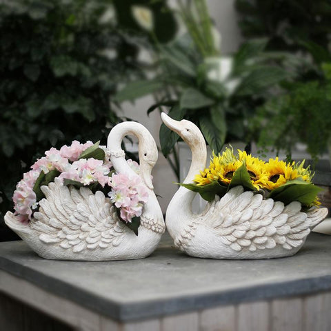 White Swan Flower Pot, Small Animal Statue for Garden Ornament, Swan Lovers Statues, Villa Courtyard Decor, Outdoor Decoration Ideas, Garden Ideas-Grace Painting Crafts
