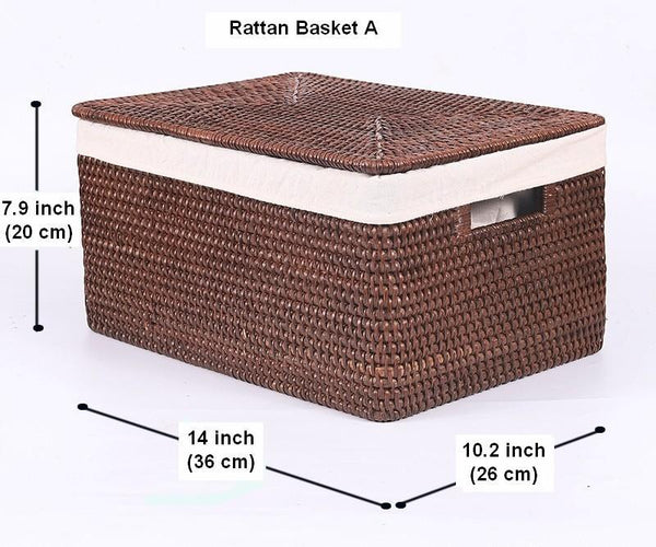 Storage Baskets for Clothes, Large Brown Rattan Storage Baskets, Storage Baskets for Bathroom, Rectangular Storage Baskets, Storage Basket with Lid-Grace Painting Crafts