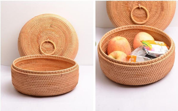 Rattan Basket, Storage Basket with Lid, Woven Basket for Kitchen, Storage Basket for Dining Room, Round Storage Basket-Grace Painting Crafts