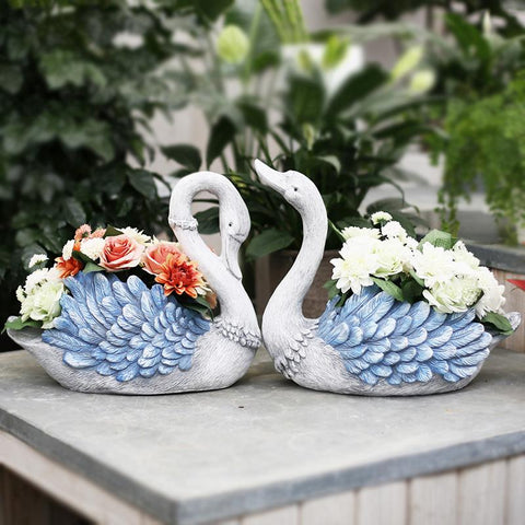 Outdoor Decoration Ideas, Garden Ideas, Blue Wing Swan Flower Pot, Animal Statue for Garden Ornament, Swan Lovers Statues, Villa Courtyard Decor-Grace Painting Crafts