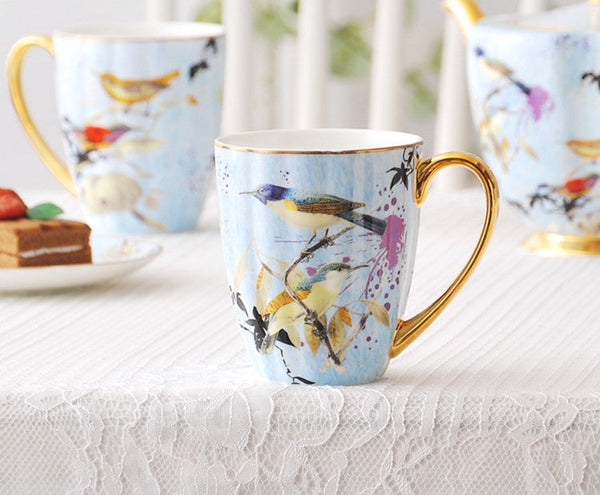 Large Creative Bone China Porcelain Mug, Elegant Blue Ceramic Coffee Mug, Beautiful Bird Flower Ceramic Mug, Large Capacity Ceramic Mugs for Office-Grace Painting Crafts