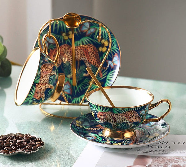Creative Leopard Ceramic Coffee Cups, Unique Tea Cups and Saucers in Gift Box as Birthday Gift, Beautiful British Tea Cups, Creative Bone China Porcelain Tea Cup Set-Grace Painting Crafts