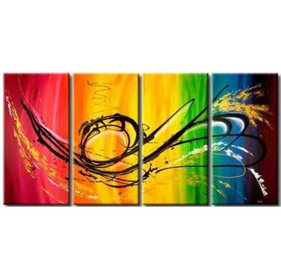 Abstract Art Dancing Lines Painting, Abstract Rhythmic Lines Canvas, 4 Panel Acrylic Art, Modern Wall Art Hand Painted, Extra Large Dancing Abstract