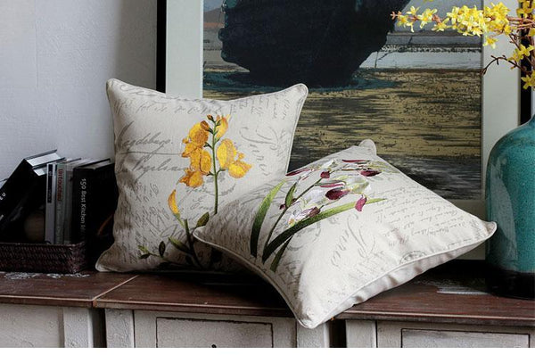 Orchid Flower Cotton and Linen Pillow Cover, Rustic Sofa Pillows for Living Room, Decorative Throw Pillows for Couch-Grace Painting Crafts