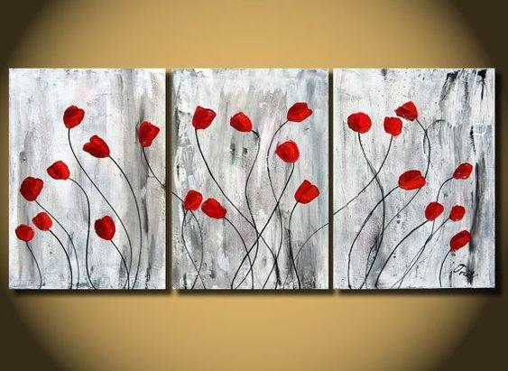 Red Poppy Flower Paintings, Acrylic Flower Painting, 3 Piece Painting, Modern Wall Art Painting-Grace Painting Crafts