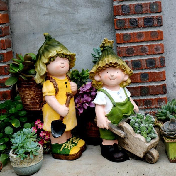 Large Boy Cart and Girl Carry Basket Statues, Flower Pot, Garden Courtyard Ornament, Gardening Ideas, House Warming Gift-Grace Painting Crafts