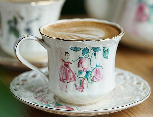 Elegant British Tea Cups, Beautiful Bone China Porcelain Tea Cup Set, Traditional English Tea Cups and Saucers, Unique Ceramic Coffee Cups-Grace Painting Crafts