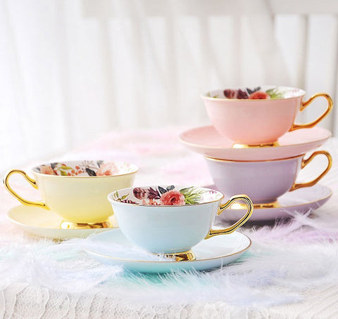 Royal Bone China Porcelain Tea Cup Set, Elegant Flower Pattern Ceramic Coffee Cups, Beautiful British Tea Cups, Unique Afternoon Tea Cups and Saucers in Gift Box-Grace Painting Crafts