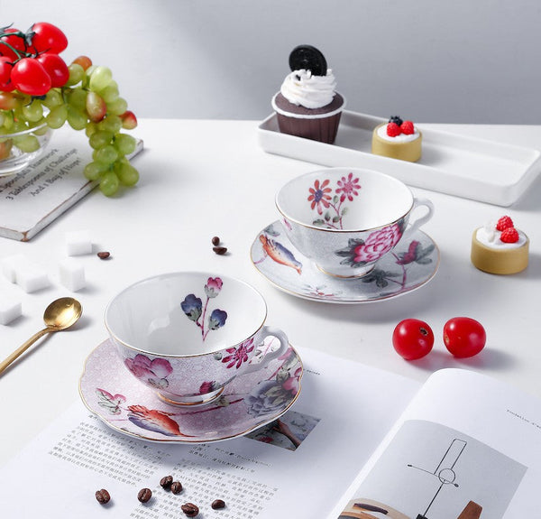 Elegant Ceramic Coffee Cups, Creative Bone China Porcelain Tea Cup Set, Unique Porcelain Cup and Saucer, Beautiful British Flower Tea Cups-Grace Painting Crafts