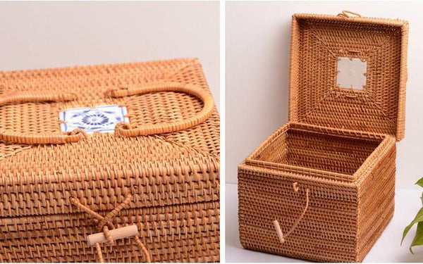 Rattan Wicker Serving Basket, Storage Baskets for Picnic, Kitchen Storage Baskets, Woven Storage Baskets with Lid-Grace Painting Crafts