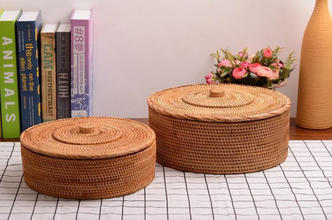 Woven Storage Basket with Lid, Large Rattan Storage Basket, Woven Round Basket for Kitchen-Grace Painting Crafts