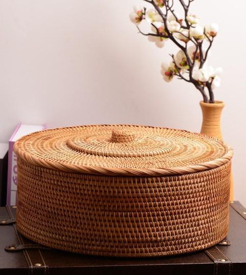 Woven Storage Basket with Lid, Large Rattan Baskets, Round Basket for Kitchen, Storage Baskets for Shelves-Grace Painting Crafts