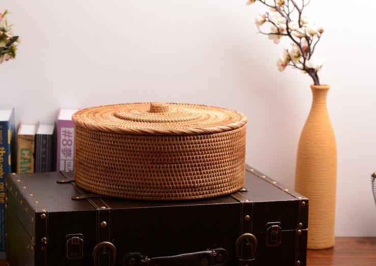 Woven Storage Basket with Lid, Large Rattan Baskets, Round Basket for Kitchen, Storage Baskets for Shelves-Grace Painting Crafts