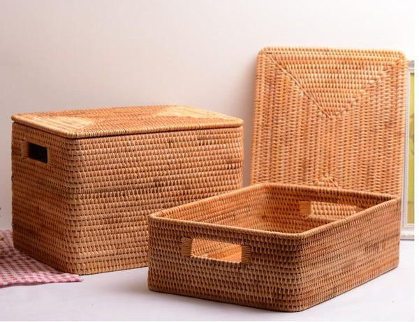 Rectangular Storage Basket with Lid, Rattan Storage Baskets for Shelves, Kitchen Storage Baskets, Storage Baskets for Clothes, Laundry Woven Baskets-Grace Painting Crafts