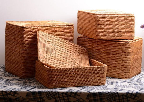 Woven Rattan Baskets, Rectangular Basket with Lid, Rectangular Storage Baskets, Storage Basket for Bedroom, Kitchen Storage Baskets-Grace Painting Crafts